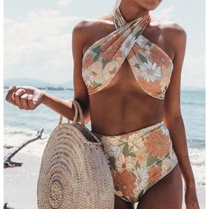 Floral Cross High Waist Bikini Set